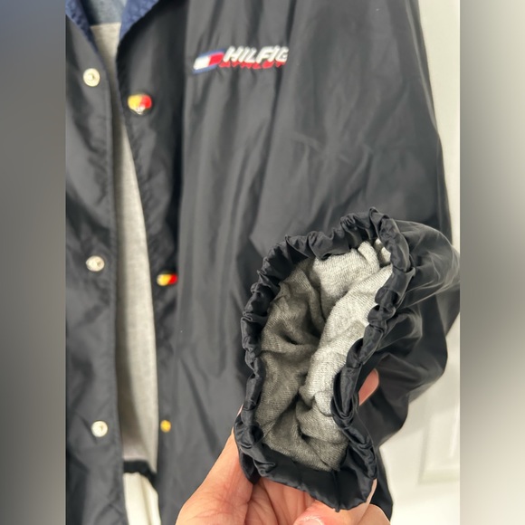 Tommy Hilfiger Vintage Windbreaker Mens XL Black Navy Logo Button Up Collared - Picture 9 of 11